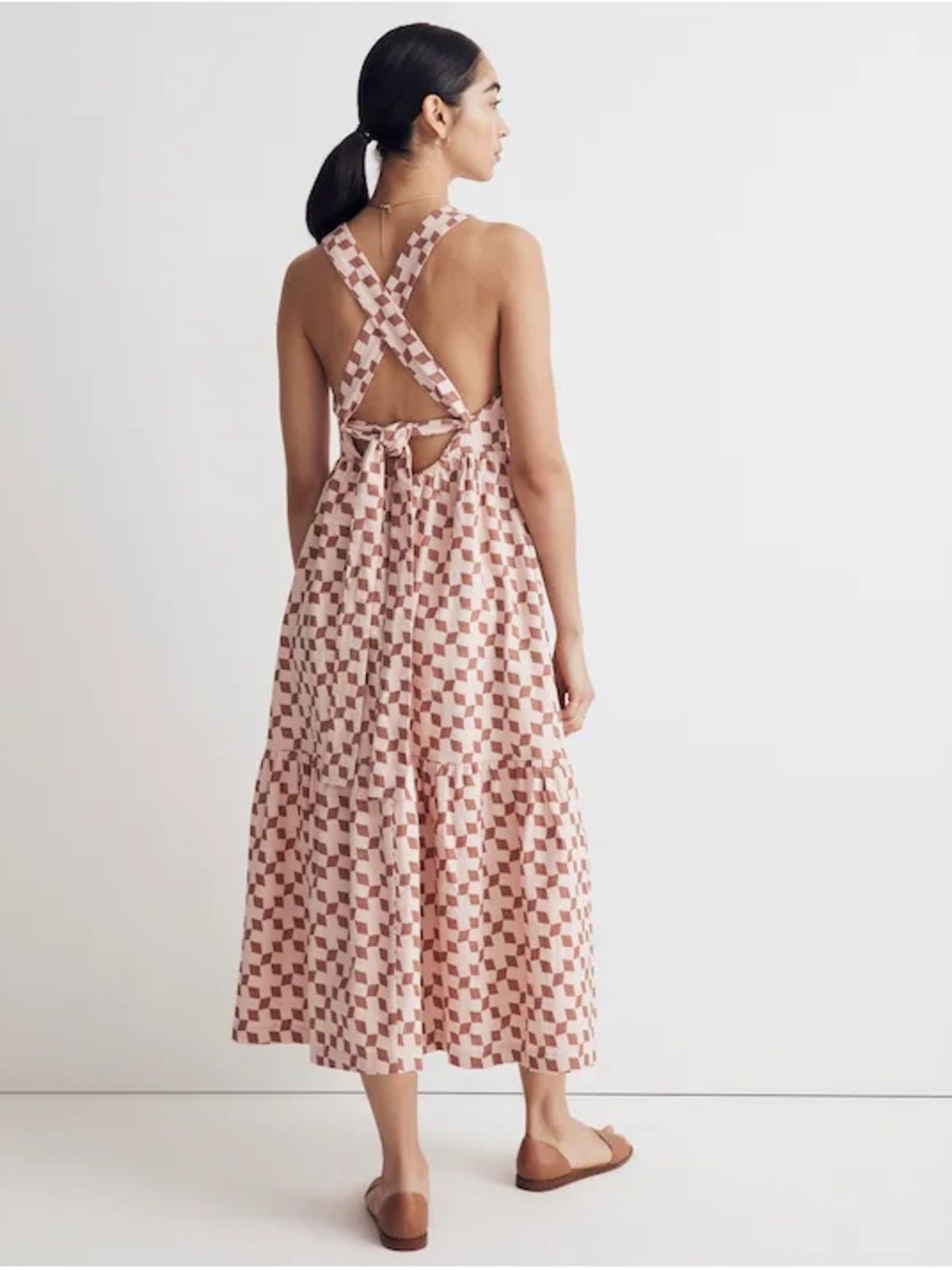 Madewell Cicely Tiered Midi Dress in Geo Checkerboard Pink Square Neck Size 8 M - Picture 2 of 10